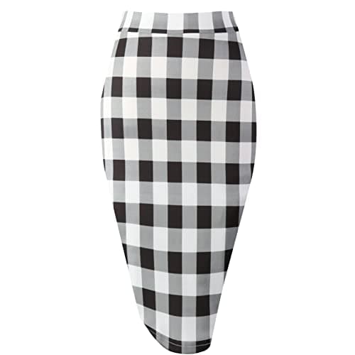 Topdress Women's High Waisted Elastic Pencil Skirt Knee Length Short with Slit — Black White Plaid