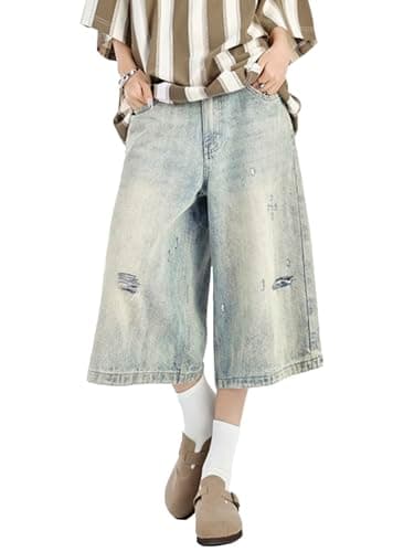 EMMIOL Women's Wide Leg Denim Jorts Shorts Y2K Summer Style — 5 Ripped Blue