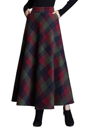 Leyoutx Women's Winter Warm Wool Plaid Maxi Skirts with Pockets
