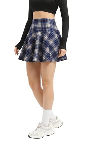 Urban CoCo Women's Vintage Elastic Waist Plaid Flared Mini Skirt — Blue Grey