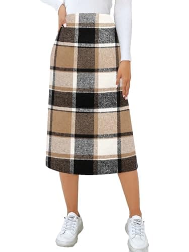 CYCLAMEN Women's High Waisted Wool A Line Midi Plaid Skirt