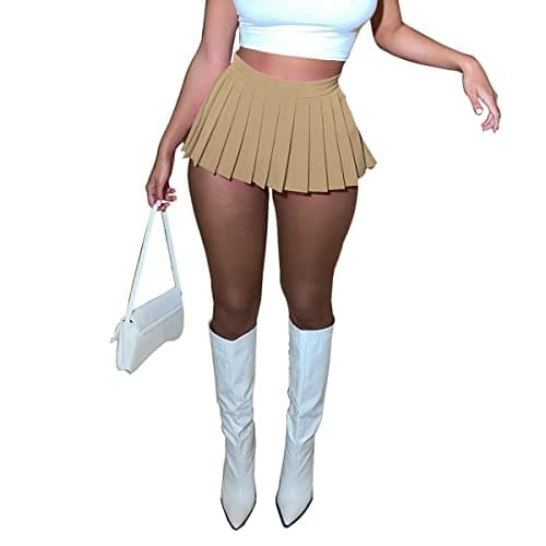 HAOYUAN Women's Mini Pleated Stretchy Skater Skirt — Khaki