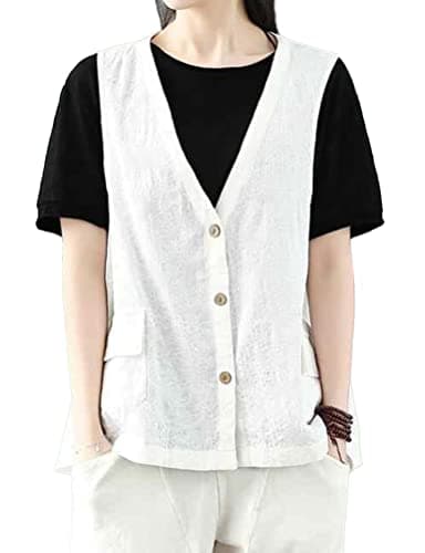Cotton Linen Sleeveless Vest Women Fashion Casual Blazer — White