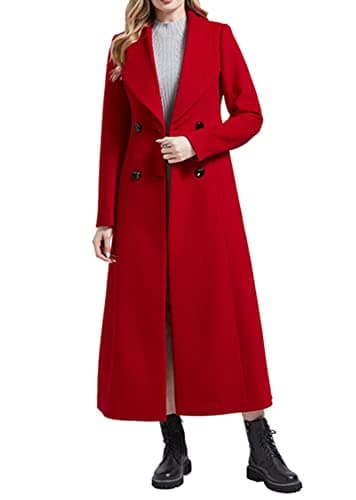 PENER Women's Classic Long Wool Trench Coat Winter Thick Double Breasted Jacket — Red Long- Style 2