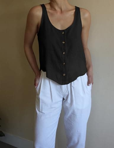 IDEALSANXUN Women's Linen Scoop Neck Button Down Sleeveless Top