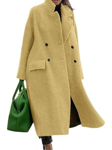 Women's Long Wool Double Breasted Pea Coat Notched Lapel — Yellow