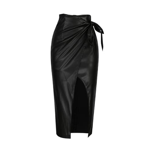 High Waist Pu Zipper Faux Leather Pencil Skirt with Tummy Control Split Midi Skirts