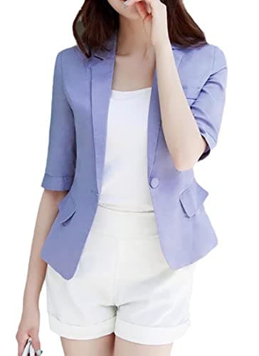 Jofemuho Women's Casual Solid Cotton Linen 3/4 Sleeve Short Work Blazer Jacket with Pocket — 2