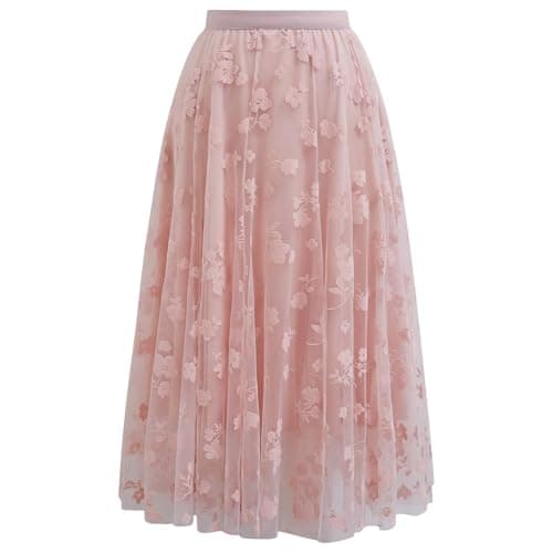 CHICWISH Women's 3D Posy Double-Layered Midi Skirt — Pink
