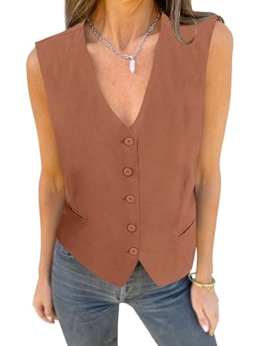 Luvamia Women's Linen Blazer Vest - Fashion Casual Top — Brown Patina