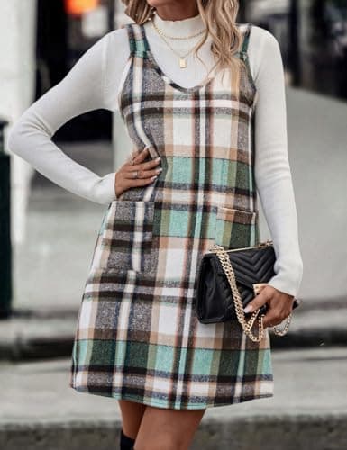 Plaid Overall Dress for Women: Fall/Winter Sleeveless with Pockets