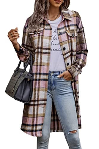 PrettyGarden Women's Plaid Shacket Long Sleeve Button Up Flannel Winter Coat — Pink