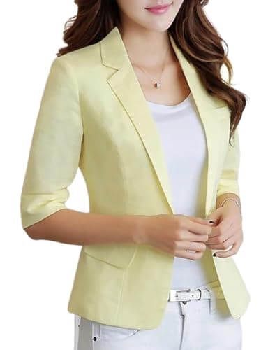 Womens Cropped Linen Blazer 3/4 Sleeve Lightweight Spring Summer Jacket — Yellow