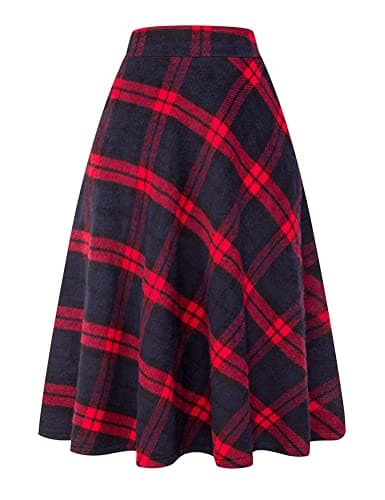 Women's Long Plaid Wool Skirt for Winter: High Waisted A-line Flare — Red