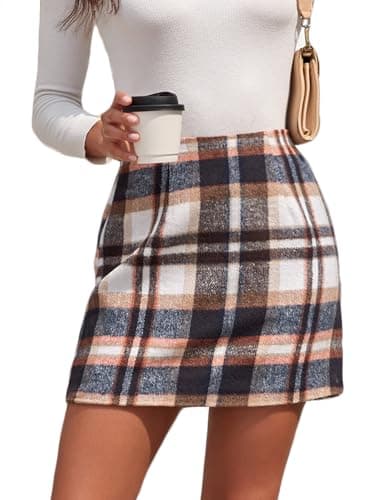 CYCLAMEN Women's High Waisted Wool A Line Midi Plaid Skirt — A Navy Blue & Brown