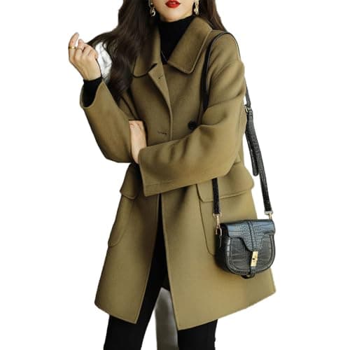 BININBOX Women's Mid Long Thicken Double Breasted Pea Coat with Pockets — Green Thicken
