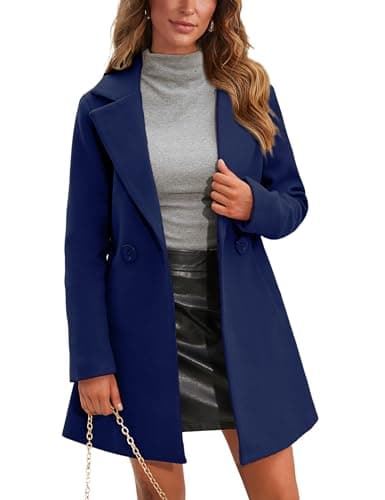 Springrain Women's Wool Pea Coat Notched Collar Midi Trench Coat — Navy