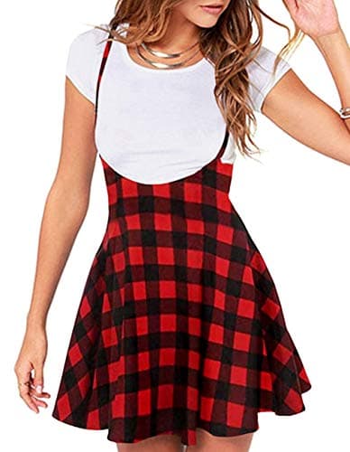 Jedyful Women's Casual High Waist Flare Skater Skirt with Shoulder Straps — 01-y-plaid