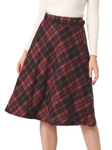 Allegra K Women's Vintage Tartan A-Line Midi Skirt — Black Red