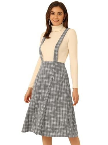 Allegra K Women's Vintage Tartan Suspender Midi Dress High Waist A-Line — Grey