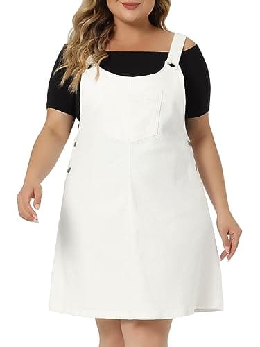 Agnes Orinda Plus Size Women's Denim Overall Bib Dress — White