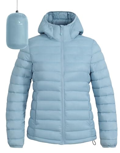 Women's Lightweight Water-Repellent Puffer Jacket with Hood for Pioneer Camp — Ice Blue