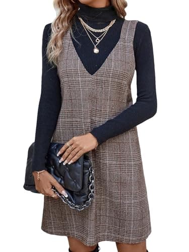 OYOANGLE Women's Plaid Print Sleeveless V-Neck Short Dress Pinafore