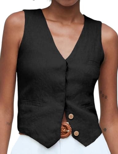 IDEALSANXUN Women's Summer Linen V-Neck Button-Down Suit Vest — Black