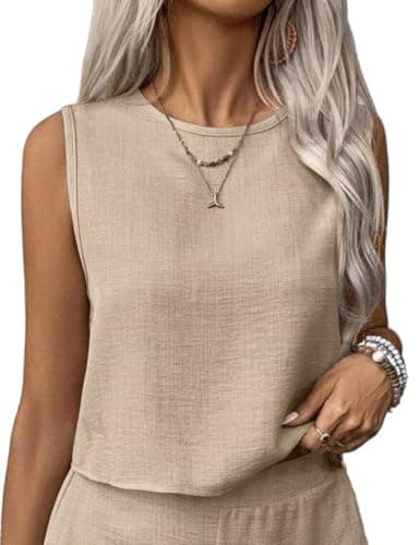 IDEALSANXUN Women's Cropped Linen Tank Top Casual Pullover Vest Shirt — Beige