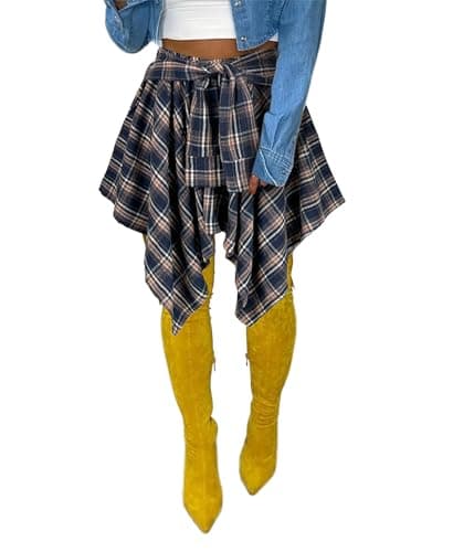 Atyfuniby Women's High Waisted Plaid Mini Skater Skirt with Knot Front — Navy Orange