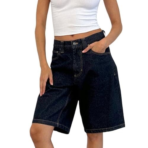 Winioder Y2K Wide Leg Denim Jean Shorts for Women — Denim Dark Blue