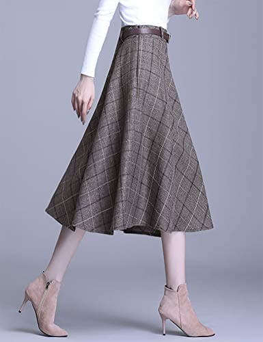 Women's High Waist Plaid A-line Midi Skirt by IDEALSANXUN
