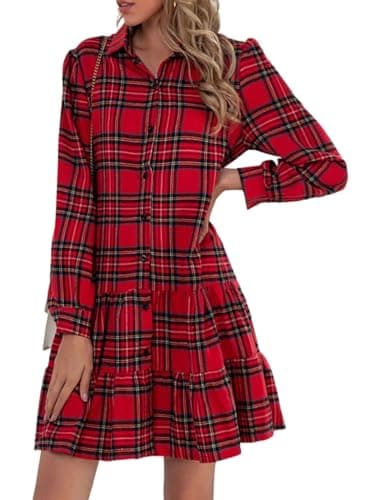 IDEALSANXUN Women's Plaid Long Sleeve Button Down Dress — Red