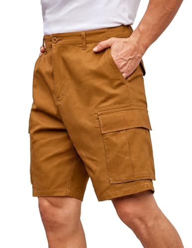 COOFANDY Men's Relaxed Fit Cotton Casual Shorts with Multi Pockets — Light Brown