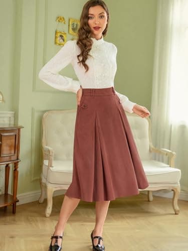 Vintage Corduroy A-line Midi Skirt for Women with Elastic Waist and Pockets