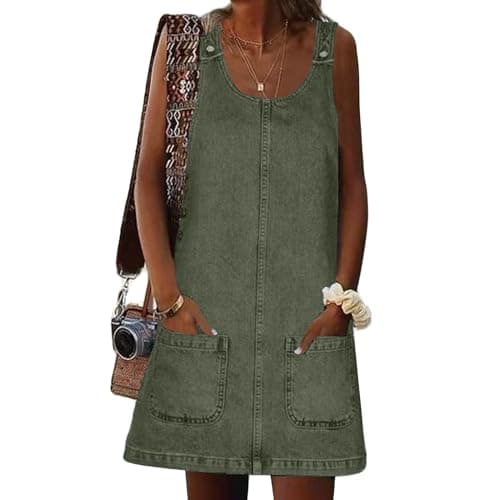HUEOBIR Denim Overall Dress for Women Round Neck Skirtall Jean — Denim Dire Green