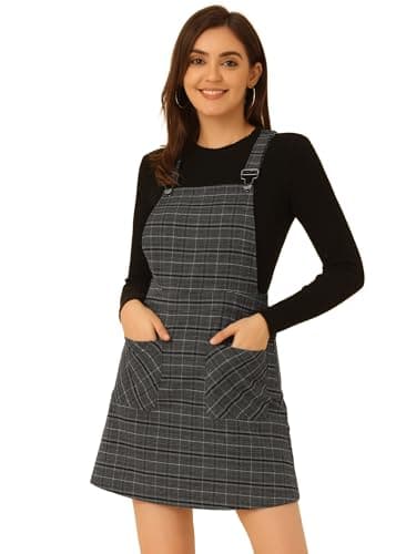 Women's Plaid Overall Dress with Adjustable Straps — Black Grey
