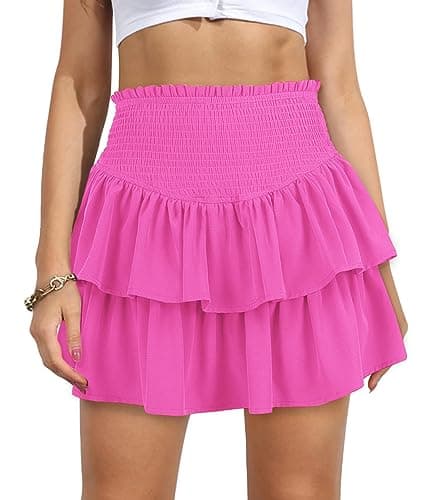 Vigorics Women's High Waist Tiered Mini Skirt with Shorts — Pink