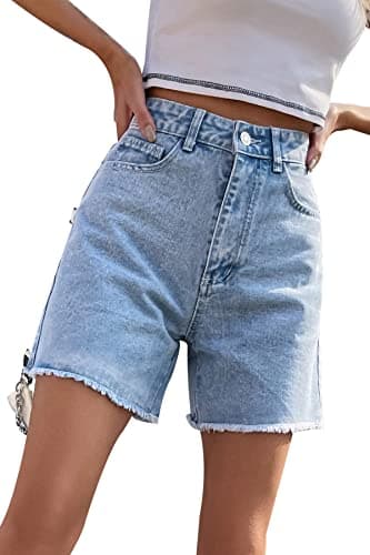 GOLDPKF Women's Mid-Waist Frayed Stretch Denim Shorts
