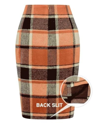 IDEALSANXUN Orange Wool Midi Skirt, 2024 Fall Women's Knee Length Plaid Slit Midi Skirt