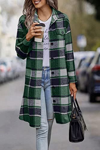 PrettyGarden Women's Plaid Shacket Long Sleeve Button Up Flannel Winter Coat