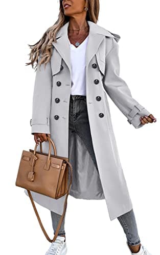 Fisoew Women's Classic Double Breasted Trench Coat with Belt and Pockets — Grey