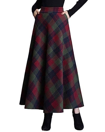 Vintage High Waist Wool Blend Plaid A-Line Maxi Skirt for Women — Green