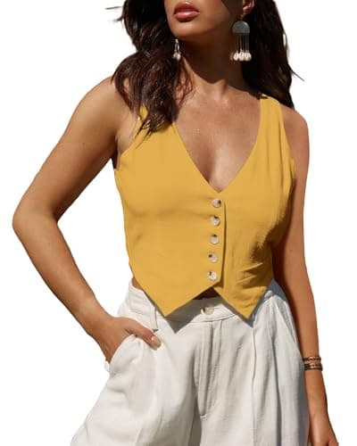 Mina Self Women's Linen V-Neck Tank Top Lightweight Cut-Cropped Casual Beach Vacation Corset Top — Yellow