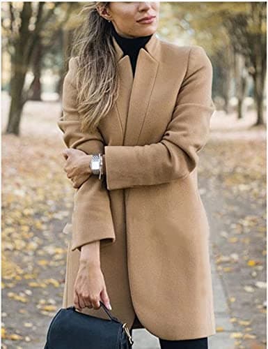 Kwoki Women's Stand Collar Open Front Pea Coat Winter Warm Blazer Trench Coat