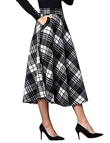 IDEALSANXUN Women's Plaid Wool A-Line Skirts with Elastic Waist