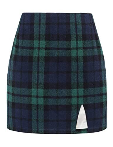High Waisted Wool Plaid Mini Skirt with Slit for Women by IDEALSANXUN — Green