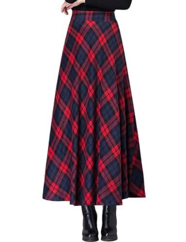 SUNYUESTAR Warm Elastic Plaid A-Line Long Skirt for Women