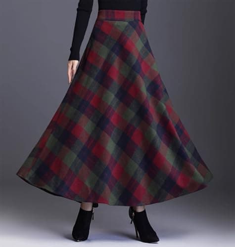 FX Women's Plaid Wool High Waist A-Line Maxi Skirt with Pockets