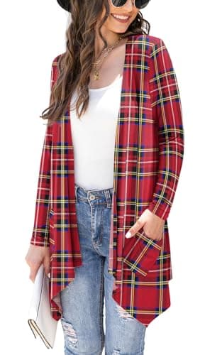 Veryoung Women's Lightweight Floral Long Sleeve Cardigan with Pockets — B03-floral_red_grid